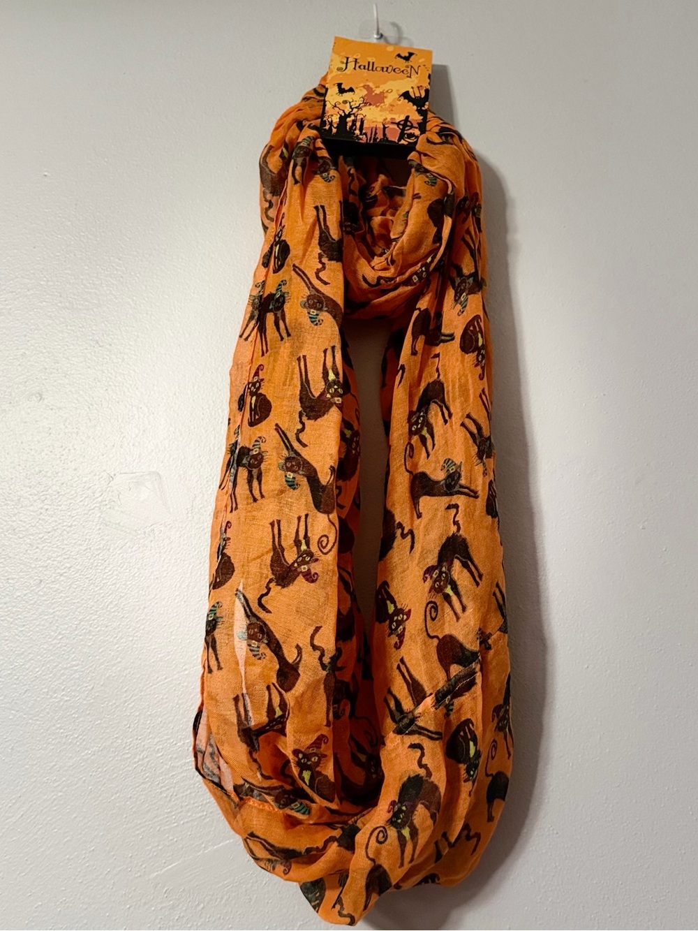 Halloween Black Cat Print Infinity Scarf - Orange